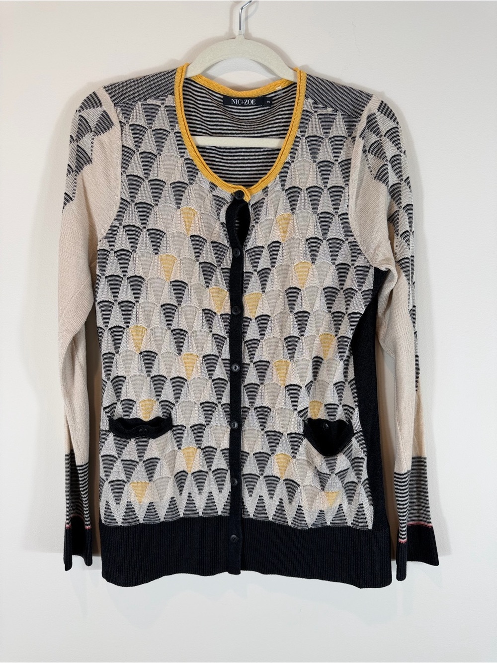 NIC+ZOE Beige, Black & Yellow Patterned Knit Cardigan Size Small